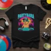 PARTYBARA text above a cartoon capybara DJing on a turntable, wearing headphones and sunglasses, with a retro city skyline and