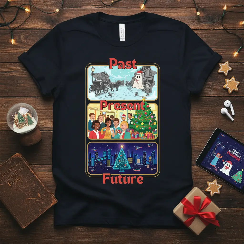 Past Present Future Christmas t-shirt design with three distinct holiday scenes and bold text labels