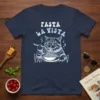 Pasta La Vista text design with a cool cat wearing glasses eating spaghetti on a navy blue t-shirt