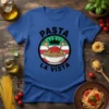 Pasta La Vista t-shirt featuring a bowl of spaghetti with sauce, forks, and a crown, with Italian flag colors in