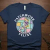 Patchwork Feline t-shirt design featuring a geometric cat illustration with the words "Patchwork Feline" in white text