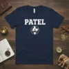 Navy t-shirt with "PATEL" in white block letters above an outline of India containing a diya lamp graphic