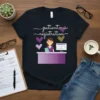 Patient registration t-shirt design with white script text, a cartoon receptionist, and purple hearts