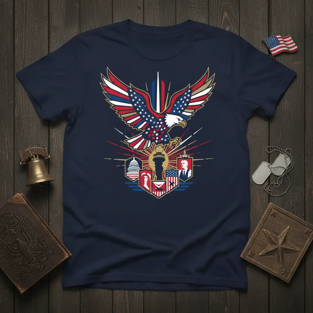 Patriotic Eagle Shield graphic design with American flag wings and US landmark shield on a navy blue tee