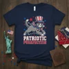 Patriotic Purrfection t-shirt design with a grey cat wearing a Uncle Sam hat and American flag bandana, surrounded by stars