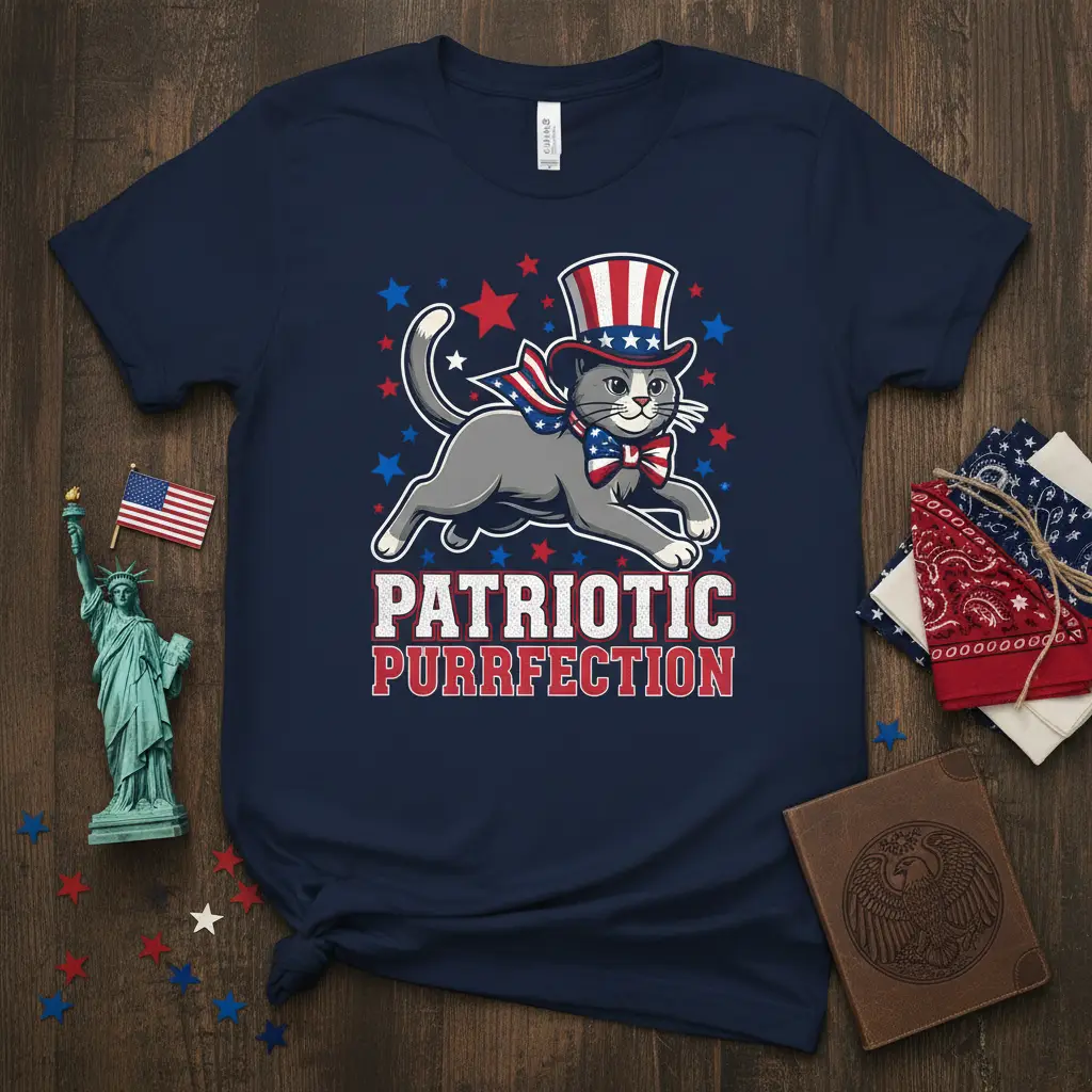 Patriotic Purrfection graphic tee with a festive cat wearing a patriotic hat and bandana, surrounded by stars