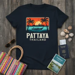 Retro sunset beach design with 'Pattaya Thailand' text, palm trees, boat, and city skyline