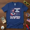 PAUSED MY GAME TO CELEBRATE 4TH OF JULY text with pixelated joystick and American flag design on a navy t-shirt