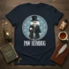 Paw Humbug t-shirt design with a grumpy cat in a top hat and coat, holding a cane, with snowflakes