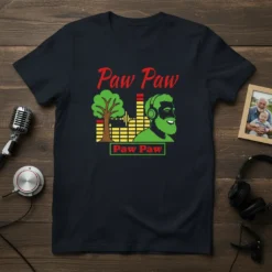 Paw Paw Paw Paw T-Shirt design featuring a green-bearded man with headphones, sound waves, and tree graphic