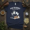Paw Readings All Cats Welcome text with a witch cat reading fortunes surrounded by other cats, on a navy blue