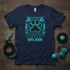 Navy blue t-shirt with black and turquoise Paw Splash graphic featuring a paw print and geometric design