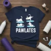 Navy t-shirt with "PAWlATES" text and four white cats in yoga poses, Pawlates design