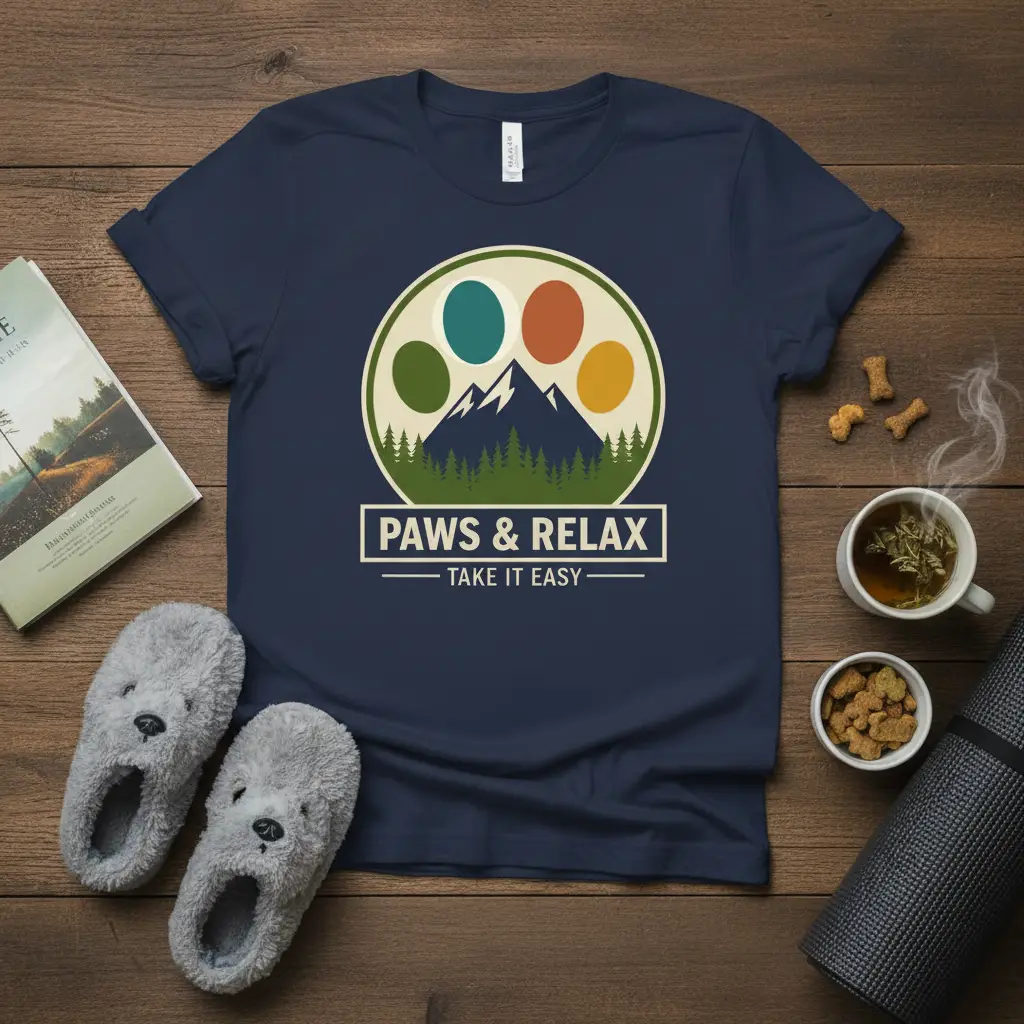 Paws & Relax Take It Easy t-shirt design with mountain and paw print graphic, navy tee