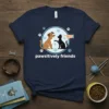 Dog and cat sitting together with paw prints and the text "pawsitively friends" on a navy blue t-shirt