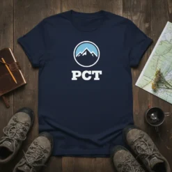 Navy blue t-shirt with white 'PCT' text and a circular mountain logo above it