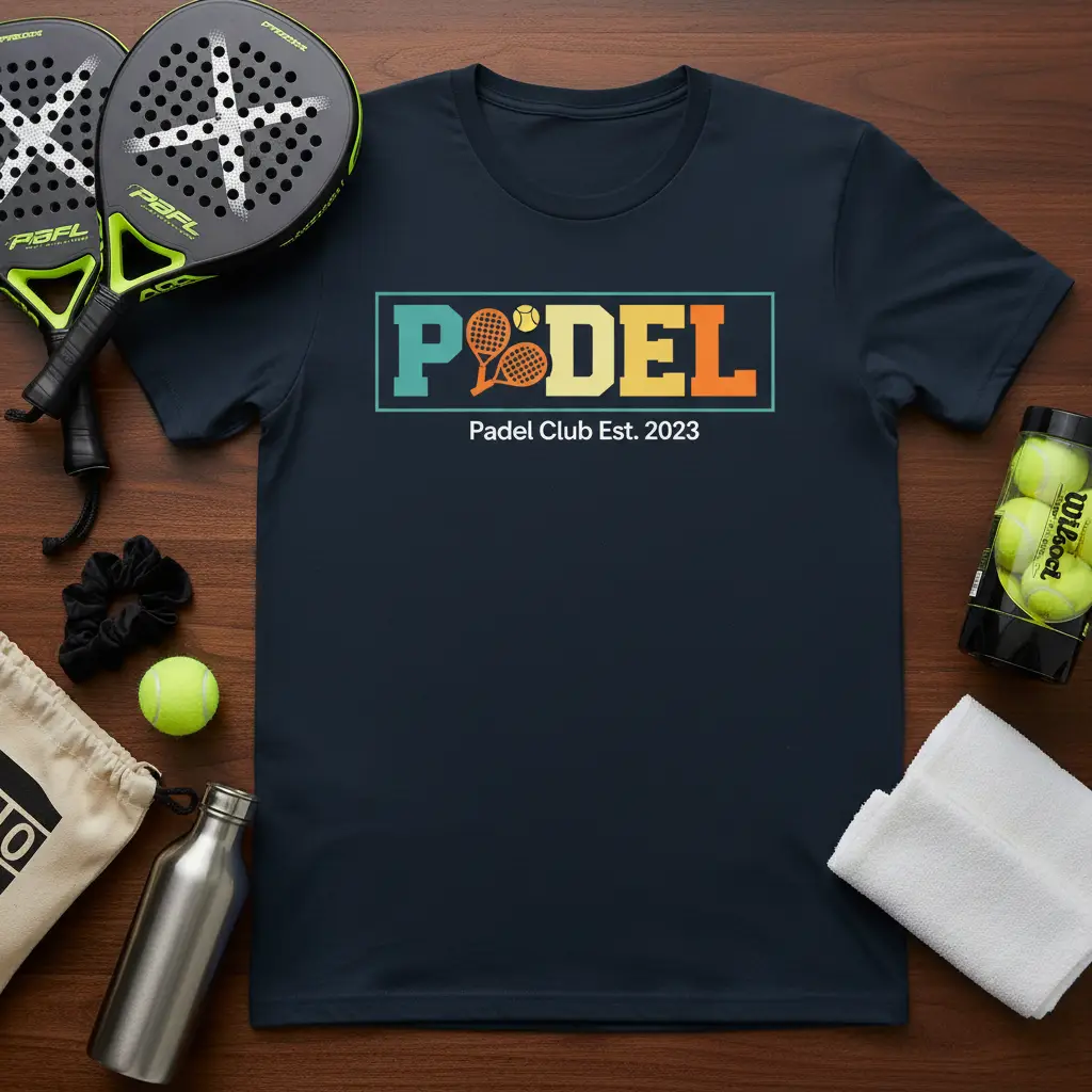 Retro PÖDEL Padel Club Est. 2023 design with crossed rackets and tennis ball graphic on a t-shirt