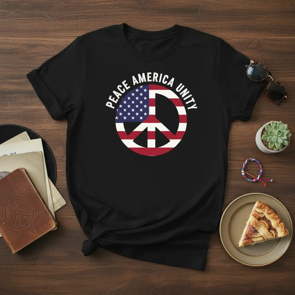 White text PEACE AMERICA UNITY surrounds a peace symbol filled with the American flag on a black t-shirt