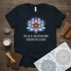 T-shirt with "Peace Blossoms From Within" text and a colorful lotus flower graphic, representing inner peace and mindfulness