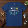 Peace Dove Design T-Shirt with the word "peace" surrounded by colorful lines and flying doves in white, yellow, and teal