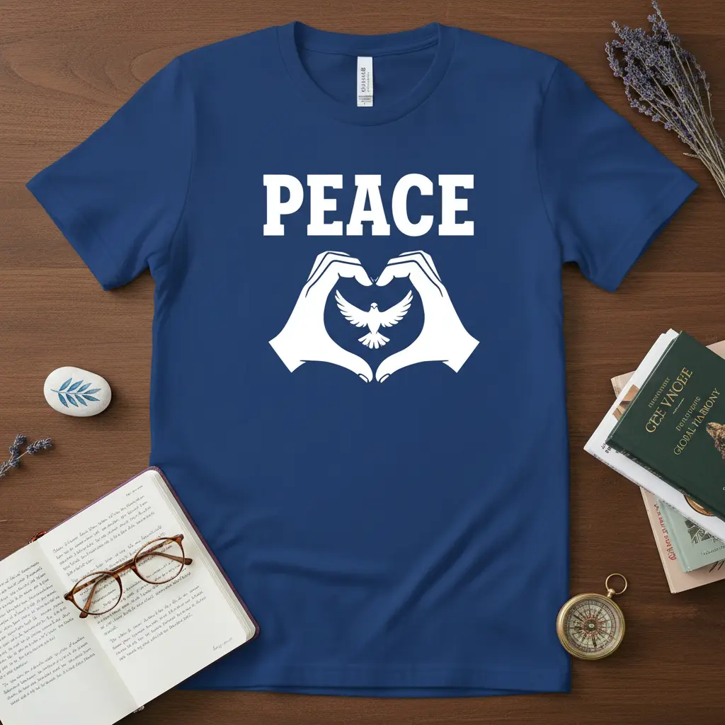 PEACE Dove Heart Hands detailed print printed on comfortable cotton fabric creating a standout t-shirt
