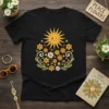 Retro Peace Flowers T-Shirt design with a winking sun, daisies, and peace symbols, set against a black background