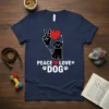 Peace Love Dog T-Shirt design with peace sign, heart, and black poodle graphic
