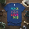 Peace Love Dogs text design with colorful typography and a peace sign graphic with paw print