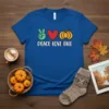 Peace Love Fall graphic t-shirt with peace sign, heart, and pumpkin icons