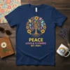 Navy blue t-shirt with "PEACE LOVE & FLOWERS EST. 1960's" text and a circular tree of life design with sunflowers