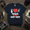 Peace Love Hip Hop graphic tee with a peace sign, heart, and microphone illustration
