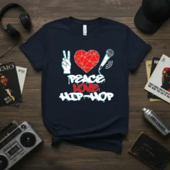 Peace Love Hip Hop graphic tee with a peace sign, heart, and microphone illustration