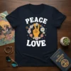 Peace Love retro graphic t-shirt with a hand making a peace sign surrounded by flowers and stars
