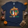 Peace Love Mexico t-shirt design with peace sign, heart, and cactus, framed by sombrero and flowers
