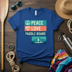 Peace Love Paddle Board t-shirt with peace sign, heart, and paddleboarding graphic