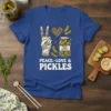 Peace Love & Pickles t-shirt design with peace sign hand, jar of pickles, and heart graphic