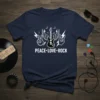 Navy blue t-shirt with white PEACE LOVE ROCK text, electric guitar with wings, peace sign, and devil horns hand symbols