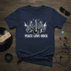 Navy blue t-shirt with white PEACE LOVE ROCK text, electric guitar with wings, peace sign, and devil horns hand symbols