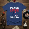 Peace Love Salsa t-shirt design featuring white text, red love text, and dancing silhouettes overlayed with the Puerto Rican flag