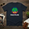 Peace Love Symbol T-Shirt with retro mosaic design and white text for peace and love