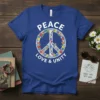 Peace Love & Unity text with a floral peace symbol graphic on a royal blue t-shirt