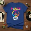 Blue t-shirt with colorful PEACE LOVE UNITY text and peace symbol graphic