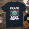 Peace Love Unity text with colorful tie-dye peace symbol graphic on a navy t-shirt