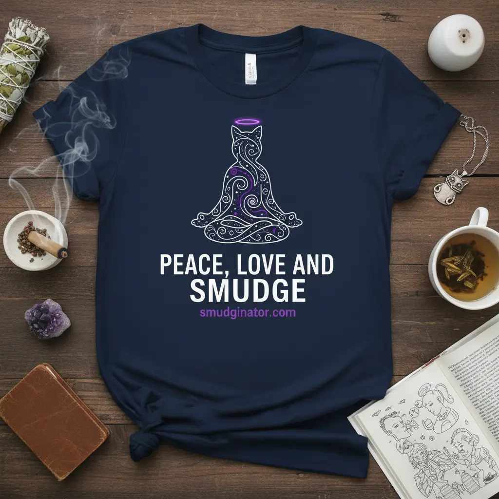 Peace Love and Smudge meditating cat design with purple halo and swirling patterns on a navy tee