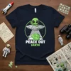 Peace Out Earth t-shirt with a cute cartoon alien in a UFO giving a peace sign over a green planet