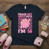 Peace Out Single Digits I'm 10 birthday t-shirt with retro pink and yellow design featuring lightning bolts and daisies