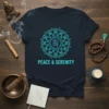 Peace & Serenity t-shirt with Om symbol mandala graphic, presented in calming blue and teal gradient tones