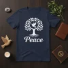 Peace Tree Dove T-Shirt design with white typography and dove carrying olive branch inside a tree