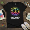Black t-shirt with colorful peace sign, birds, and stars, text PEACE & UNITY SPREAD LOVE
