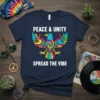 Peace & Unity Spread The Vibe t-shirt with colorful eagle graphic and peace signs